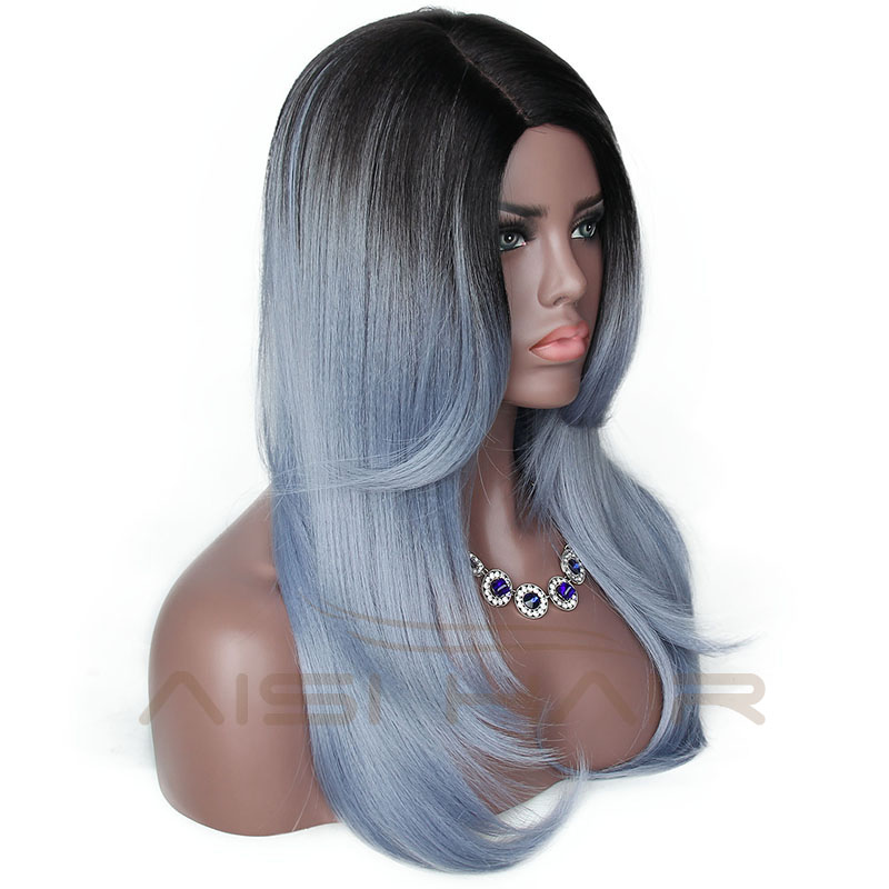 Japanese Synthetic Hair Wig Part Side Ombre Grey Wig For African American Women Heat Resistant Fiber