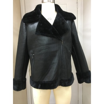 Schwarze Kunstleder Shearling Moto Jacke