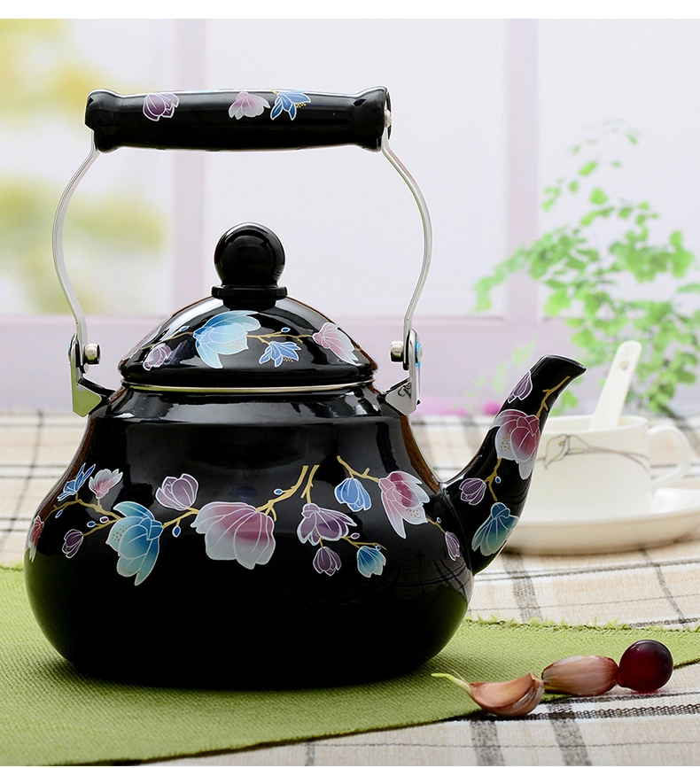 Good Quality Black Flower Decale Tea Pot Pear Shape Enamel Kettle