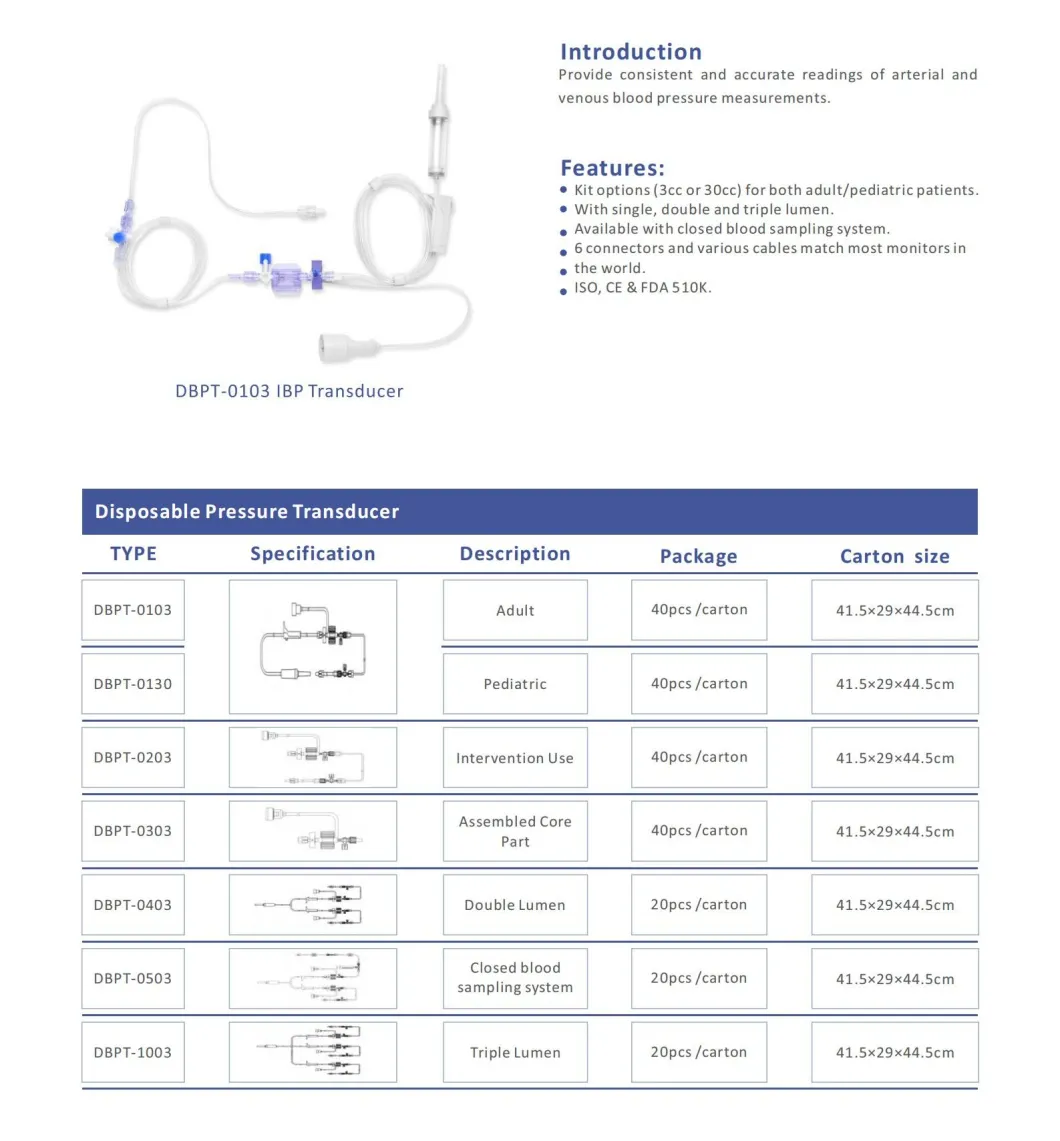 Medical Instrument China Factory Dbpt-0203 Hisern Medical Disposable Blood Pressure Transducer