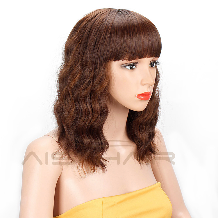 Aisi Hair Wholesale Top Quality Short Bob Brown Wig With Neat Bangs Synthetic Short Curly Wave Wigs For Black Women