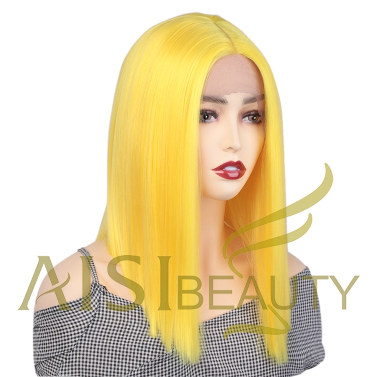 Aisi Beauty Hot Selling Supplier Shoulder Length Silky Straight Middle Part Yellow Synthetic Hair For Black Women Lace Front Wig