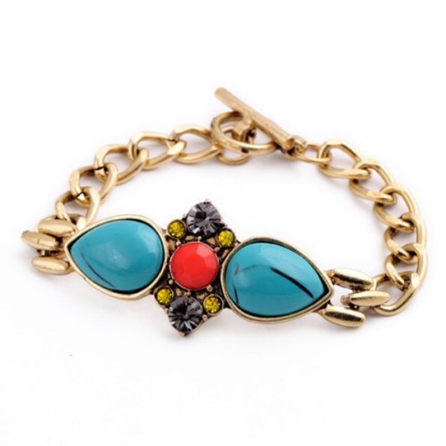 2015 Fashion Large Turquoise Teardrop Stone Bracelet, Crystal Setting Chain Link Bracelet