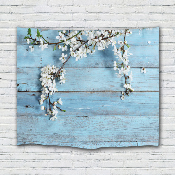 Vintage Planks with White Flower Tapestry Wall Hanging Wooden Board Sky Blue Wall Tapestry Nature Spring for Livingroom Bedroom