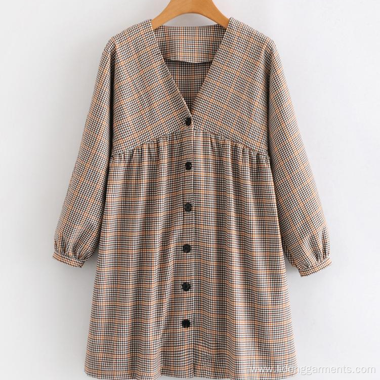 V-neck Plaid Casual Cute Student Long-Sleeved Dress