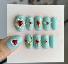 MONA Summer New Design High Quality Handmade Almond Shape 3D Heart Press-On Nails