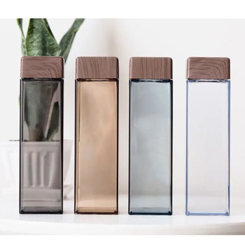 Wholesale Customized 500ml BPA Free Plastic Unique Design Eco Friendly Square Water Bottle with Wooden Lid