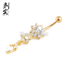 Gold Plated Double Flowers Hanging Belly Button Navel Ring