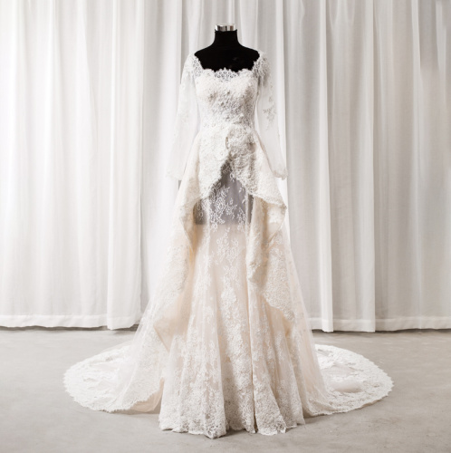 Lace Appliqued Square Neckline Long Sleeve Trailing Alibaba Wedding Dress