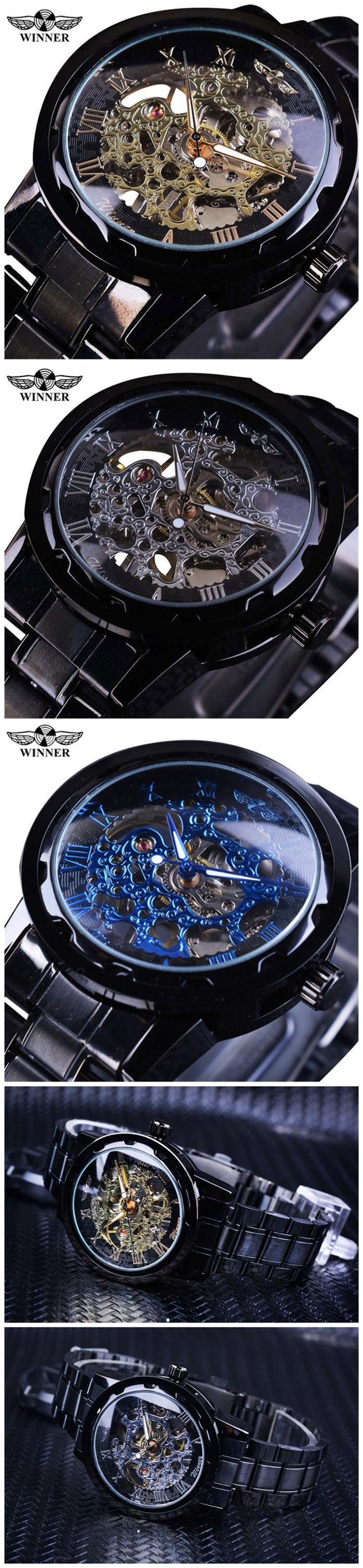 WINNER SLZ04 Luxury Black Manual Mechanical Watch Men Skeleton Design Stainless Steel Strap Wristwatch