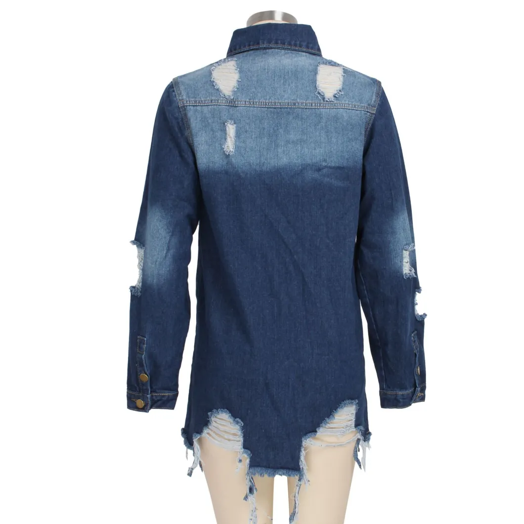 Women Fashion Blue Denim Coats Fall Cropped Jean Jackets for Ladies