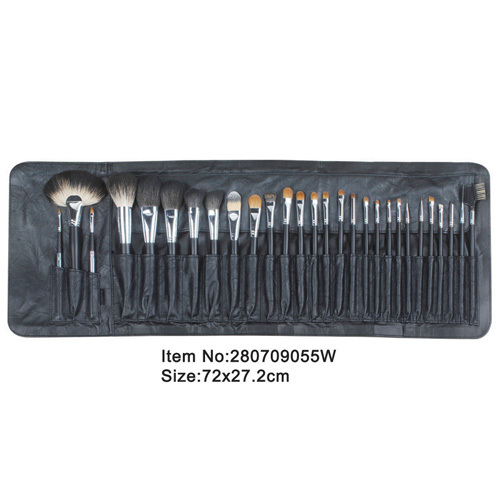 28pcs mango plástico negro profesional animal/pelo maquillaje cepillo de nylon con negro PU estuche de doblez