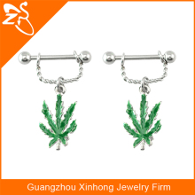 surgical steel sexy body jewelry nipple ring with dangle green marijuana leaf