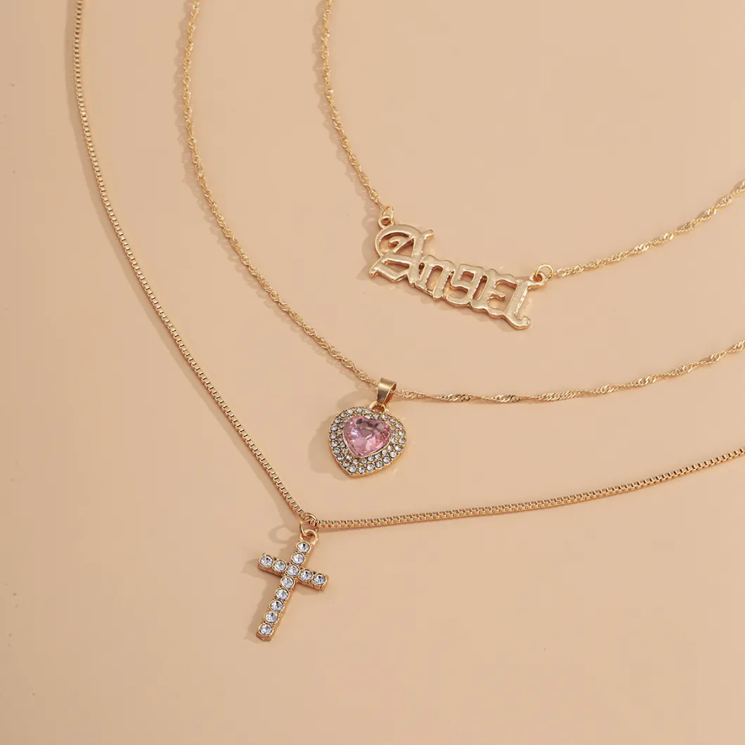 Wholesale Jewelry Fashion Alloy Letter Multi-Layer Cross and Heart Necklace