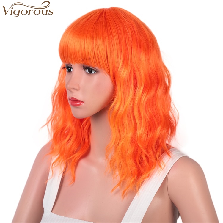 Vigorous Good Quality 14 Inches Female Short Wavy Synthetic Bob Wigs With Bangs Synthetic Heat Resistant Fiber Cosplay Wig
