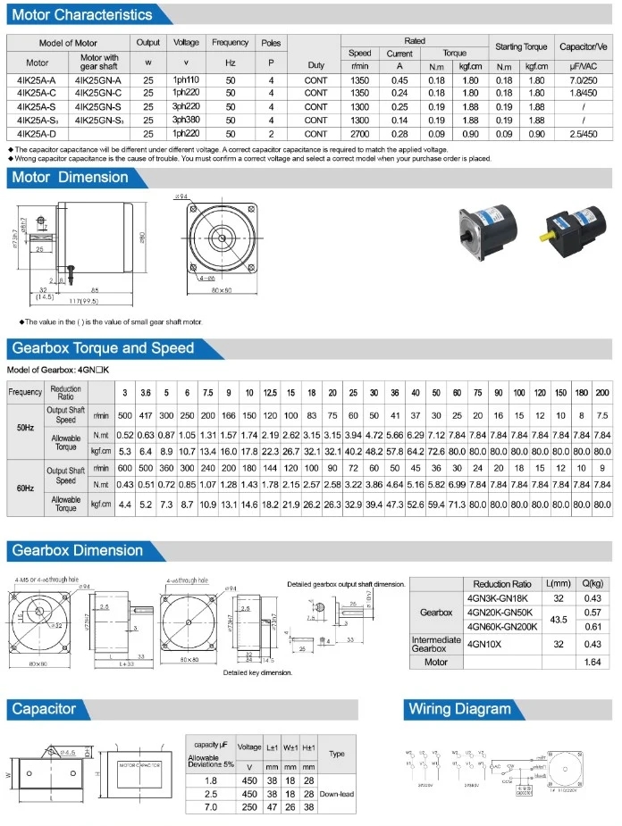 220V 25W High Toruqe Low Rpm Electric Motors