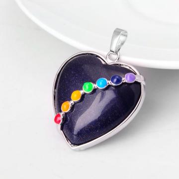 7 & Seven Chakras Gemstone Blue Goldstone Heart Pendant