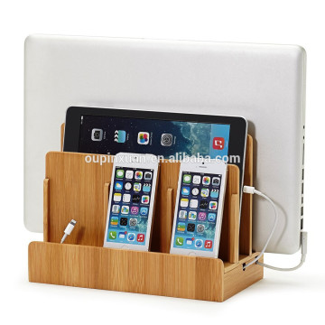 100% Bamboo Wood Multi-device Charging Station phone stand and Dock - Charges for phone devices holder mobile charge station