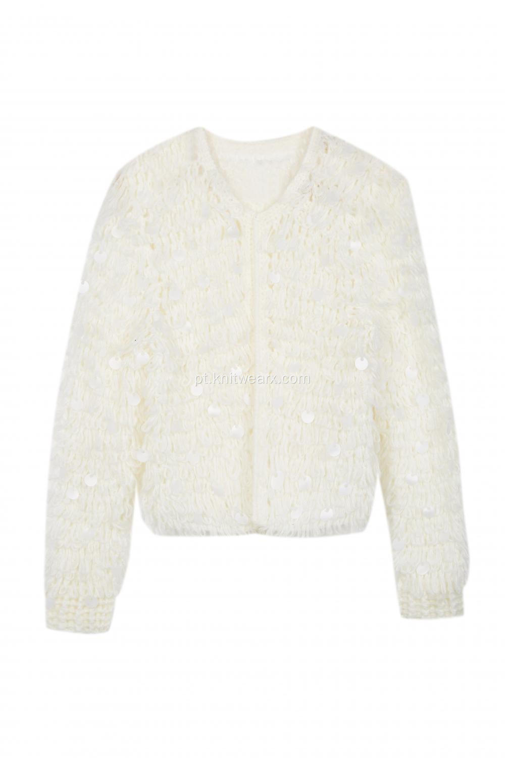 Cardigan robusto de lantejoulas tricotadas de malha feminina