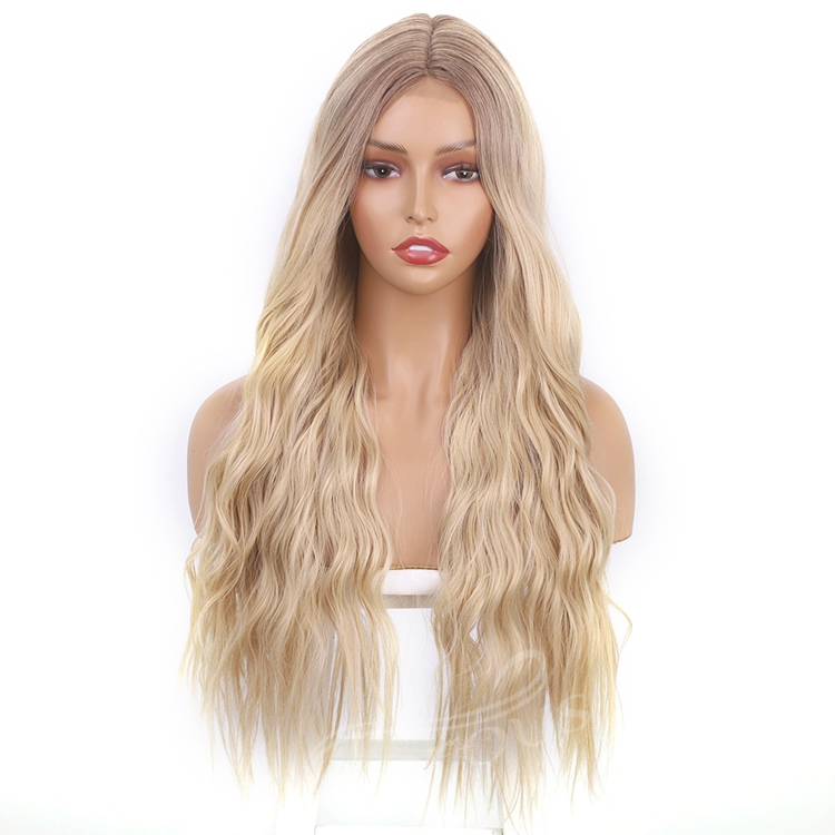 Lace Synthetic Wig Colored Blonde Hair Long Body Wavy Middle Part High Quality Good Premium Hair Cheap Price