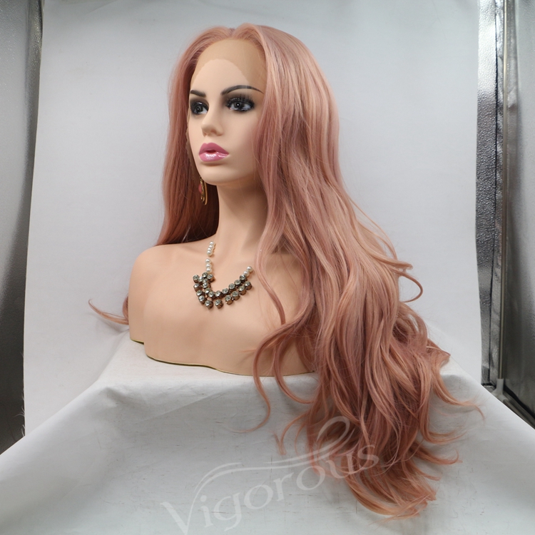 Fashion Idol High Quality Wholesale Long Natural Wavy Mono Pink Fiber Wigs 13*3 Lace Synthetic Hair Curly Making Machine