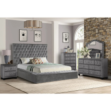 Velvet Upholstered Headboard Queen Bedroom Sets with Storage in Gray