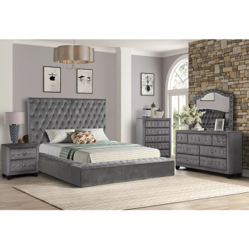 Velvet Upholstered Headboard Queen Bedroom Sets with Storage in Gray