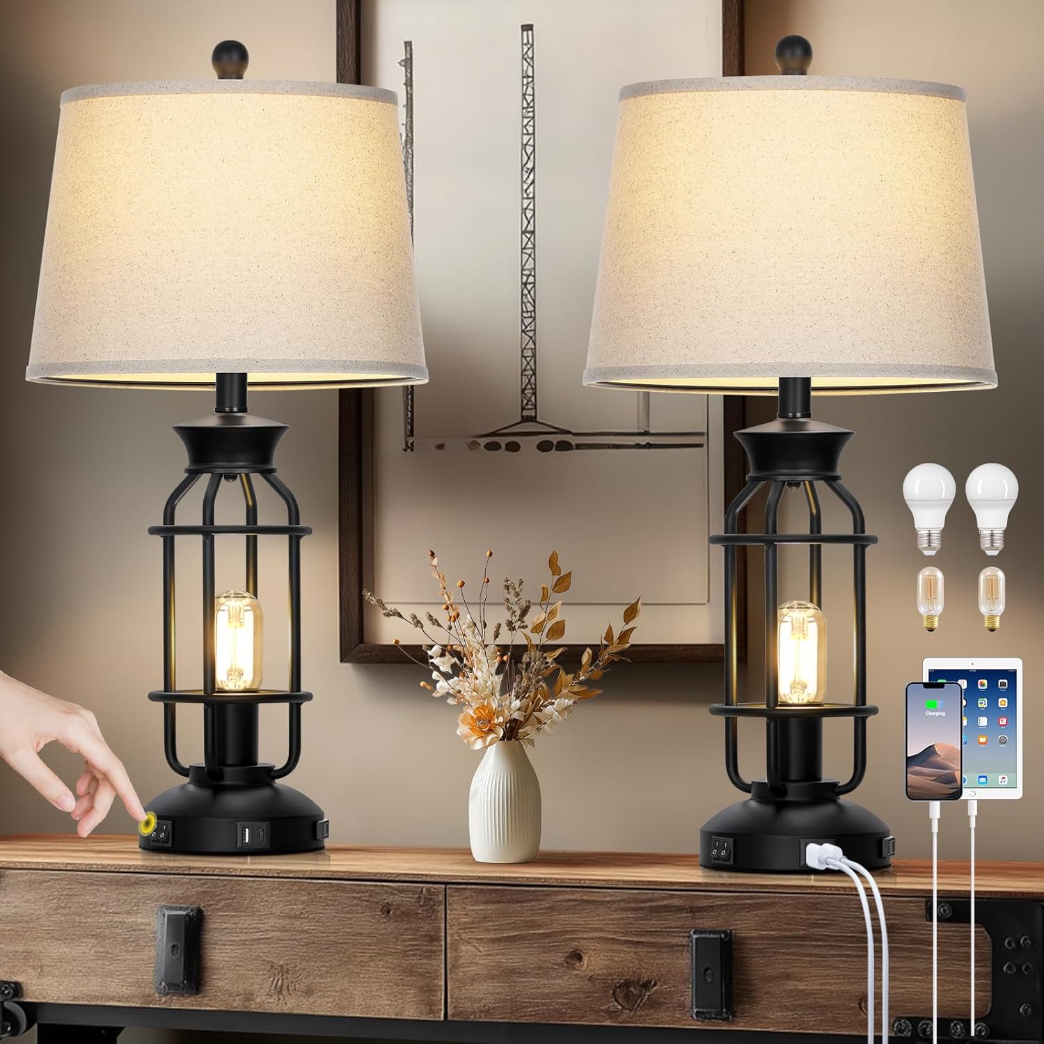 Industrial USB-C+A Outlet Bedside Lamp Set 2 (8) Industrial USB-C+A Outlet Bedside Lamp Set 2 (8)