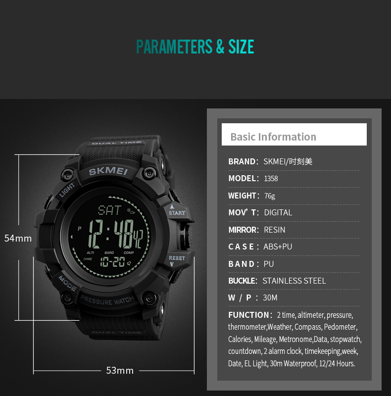 Top selling skmei 1358 waterproof alarm chrono compass sports watches men wrist for wholesale