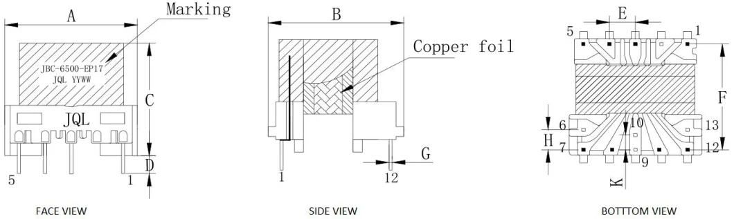 CE ROHS goedgekeurd EP17 High Stroom Copper Foil Electronic Flyback Transformer voor tv, dvd, adiuo