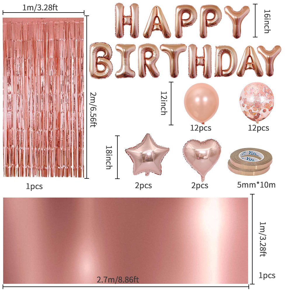 Rose Gold Birthday Party Supplies Happy Birthday Banner Star Heart Foil Balloons Birthday Party Decoration Set