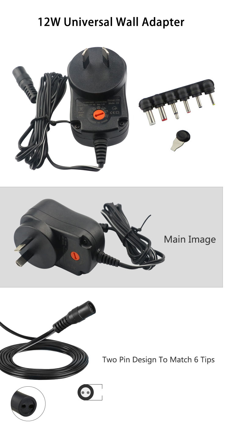 12V 12W 30W Universal Adapter AC to DC with 6 DC plugs Adjustable Voltage Power Supply