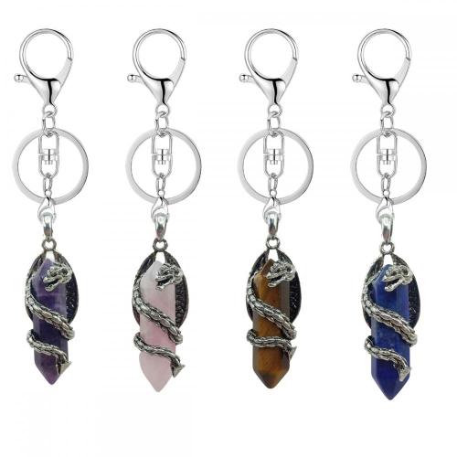 Gemstone Double Hexagonal Prism Wrapped Silver Dragon Stone Key Chains Vintage Crystal Dragon Charm Keychain Key Ring Gift