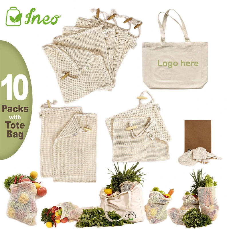 Reusable Produce Bags Organic Cotton Mesh Bags for Grocery Shopping and Storage Washable, Biodegradable, Eco-Friendly Gots