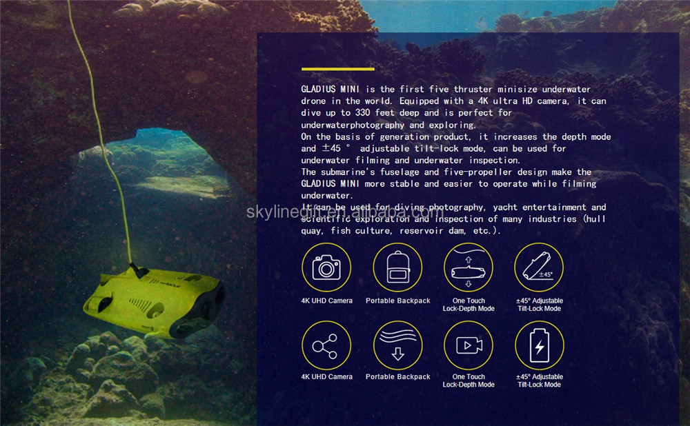 Gladius mini Underwater Diving to 330ft Drone with movable 4K Camera