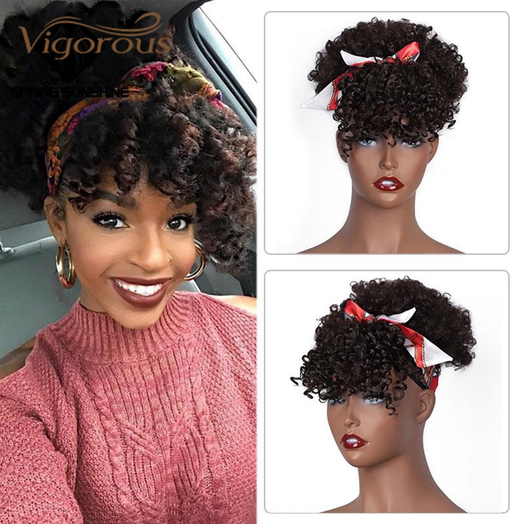 Vigorous Wholesale Heat Resistant Fiber Kinky Curly Ponytail With Bangs Hair Extension For Black Women Synthetic Afro Hair Bun