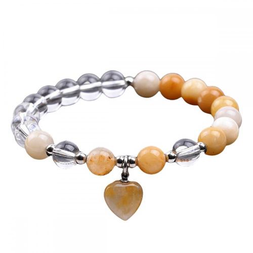 Natural Stone Quartz Round Beads With Heart Charm Stretch Bracelet Gemstone Chakra Healing Quartz Elastic Bracelet for Women Men