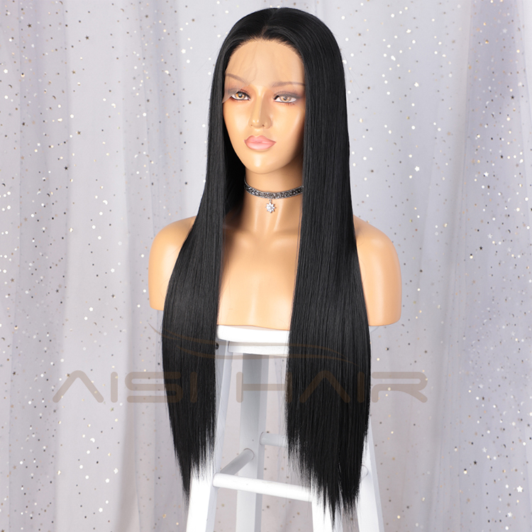 Aisi Hair New Design Long Silky Straight Black Wig Middle Part Swiss Lace Wig Synthetic Hair Lace Frontal Wigs For Black Women