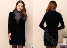 Black Fine Knit Womens Wool Sweaters , Winter Long Crew Nec