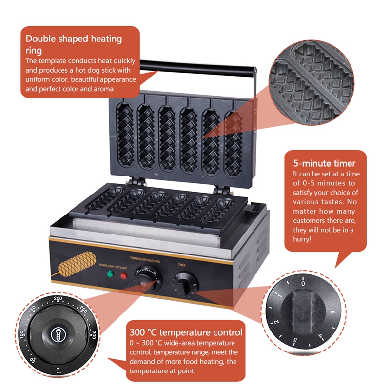 Custom Made Restaurant Kitchen Snack Equipment 6 Stick Sausage Hot dog Waffle Maker