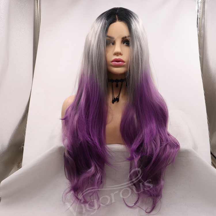Three Tone Color 26 Inch Long Water Wavy Ombre Silver Purple Lace Front Women Curly Hair Full Wig Fibre Synthetic Cheap Price