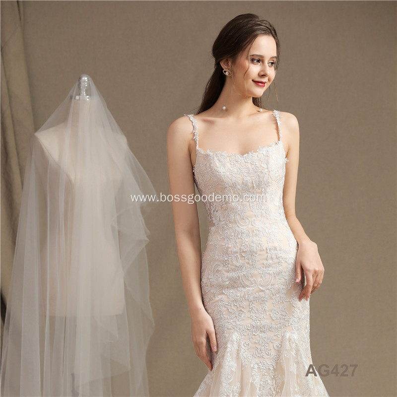 Customized simple style embroidery long train white mermaid wedding dress bridal gown