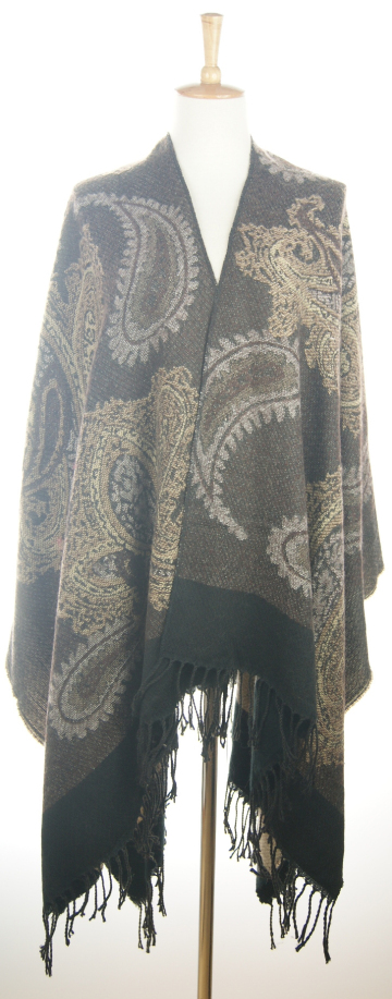 Ladies Plain Knitted Jacquard Poncho With Tassels
