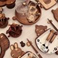 Wooden Animal-Themed Tableware with Cute Cat and Bunny Designs