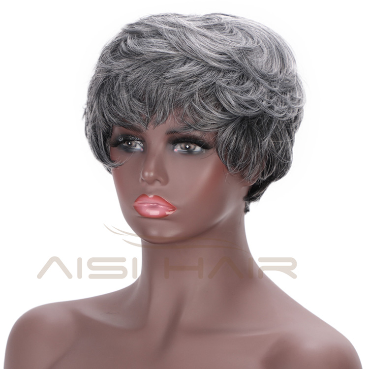 Aisi Hair Synthetic Ombre Grey Hair Bob Style Short Wigs for Women Black Cosplay Short Wigs with Neat Bangs