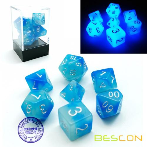 Bescon Gemini Glühende polyedrische Würfel 7er Set ICY ROCKS, leuchtende RPG Würfel Set d4 d6 d8 d10 d12 d20 d%, Brick Box Packaging