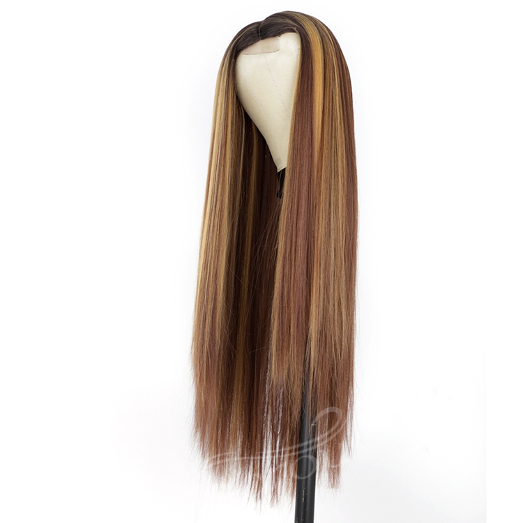 Ombre Brown Highlight Blonde Dark Root Wig Long Silky Straight Wig Middle Part Synthetic Front Lace Hair Wigs For Women