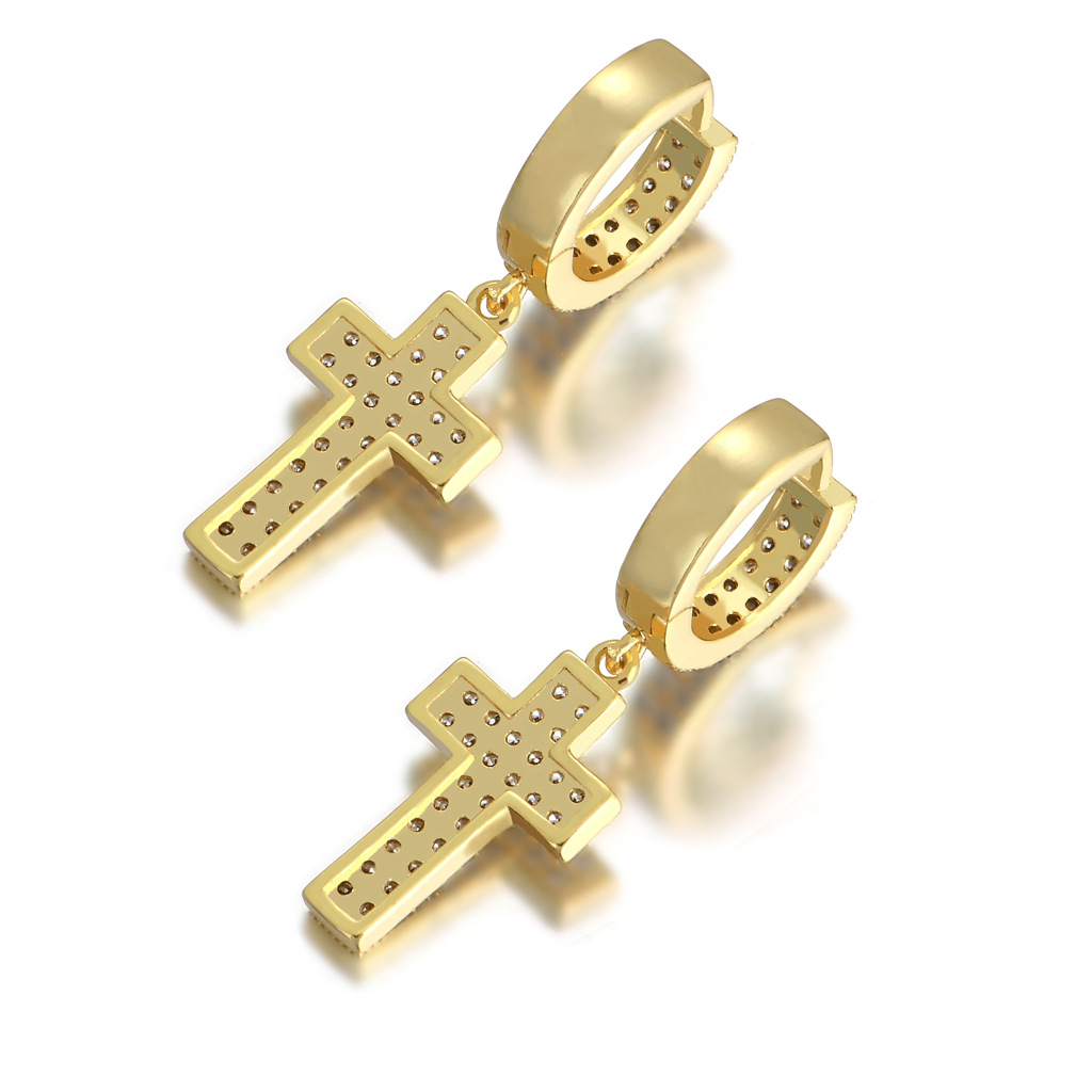 custom diamond jewelry earrings,men women copper with zircon gold plated Jesus Cross drop earring jewelry gift for lover