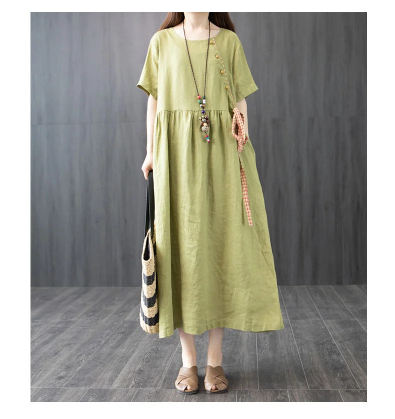 Cotton and Linen Summer Short-Sleeved Loose MID-Length Dress