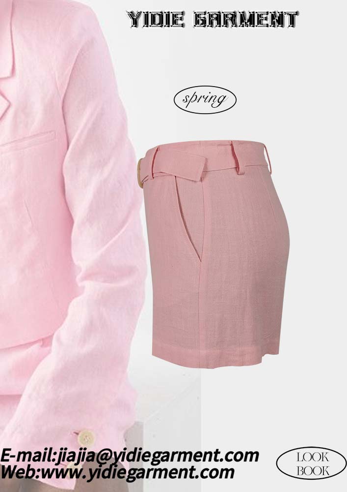 Women's Pink High-waisted Linen Pleated Shorts